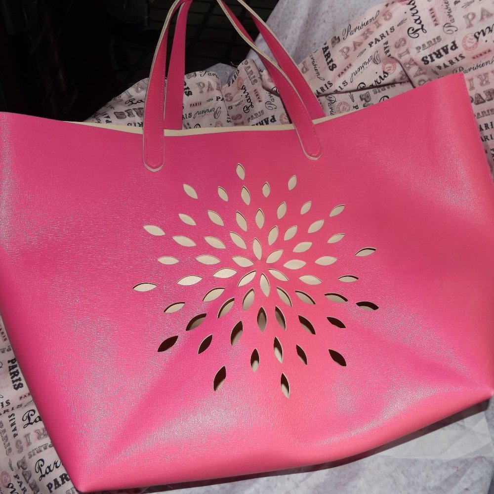 Sally's Hot Pink Leather like Tote with Flower Punch Design on Front